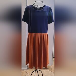 Navy and Burnt Orange Two-Tone Midi Dress